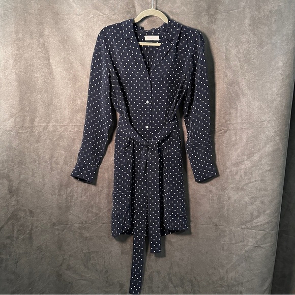 Everlane Polka Dot Dress Navy/White (4) Tie Waist Cupro, Preppy, Minimalist - Picture 9 of 14